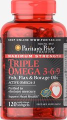 Тройная омега 3-6-9 Puritan's Pride (Maximum Strength Triple Omega 3-6-9 Fish, Flax & Borage Oils) 1200 мг 120 капсул купить в Киеве и Украине